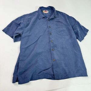 Hilo Hattie Shirt Men Large Blue Silk Button-Down Short-Sleeve Hawaiian Coastal